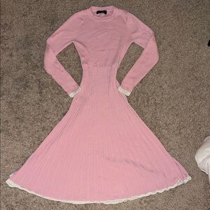 Pink Ribbed Long-Sleeve Sweater Dress